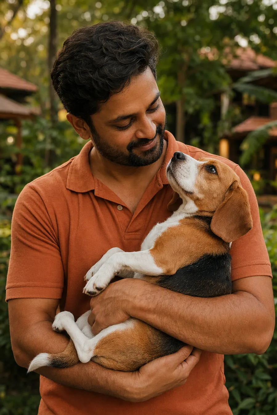 Rajesh, founder of Happy Tails, gently cradling a beagle in the resort garden