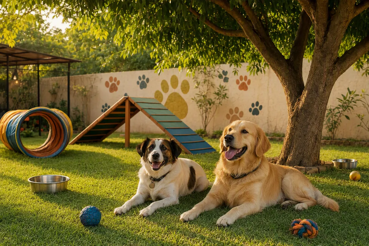 Dogs relaxing on the open play lawn at Happy Tails, with agility ramp and shade trees