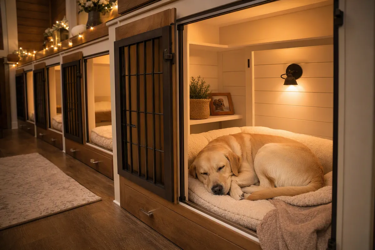 Cozy indoor boarding suites at Happy Tails with plush beds and warm lighting