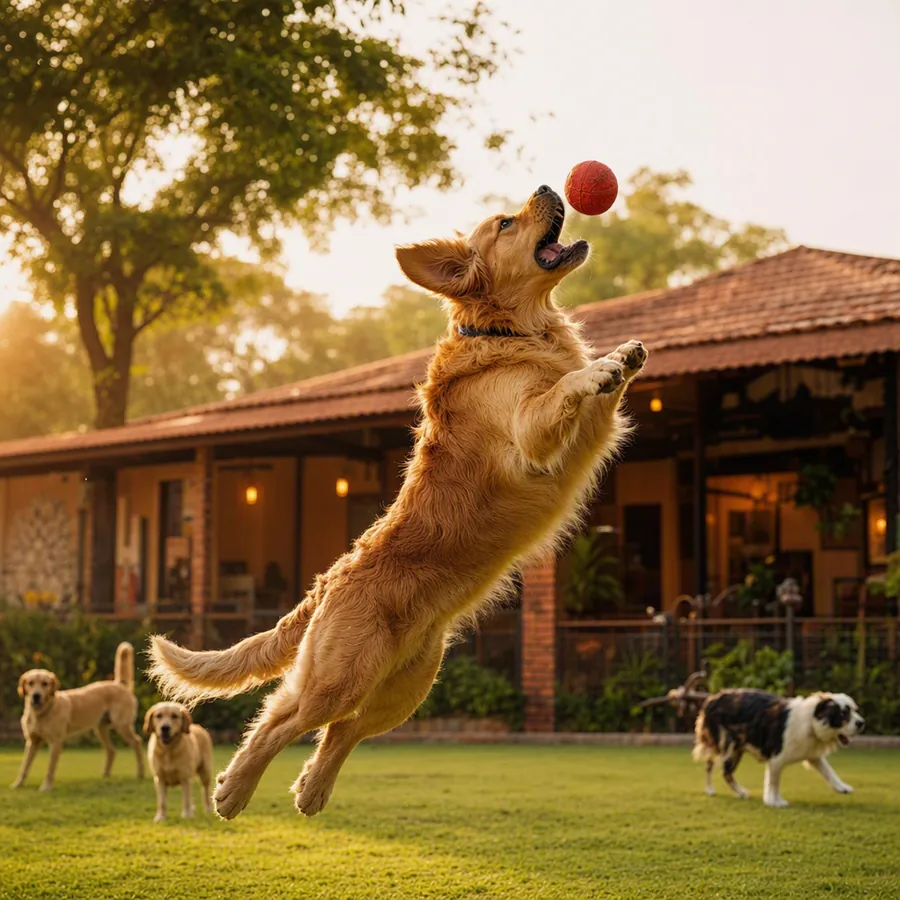 A golden retriever leaping to catch a red ball on the lawn