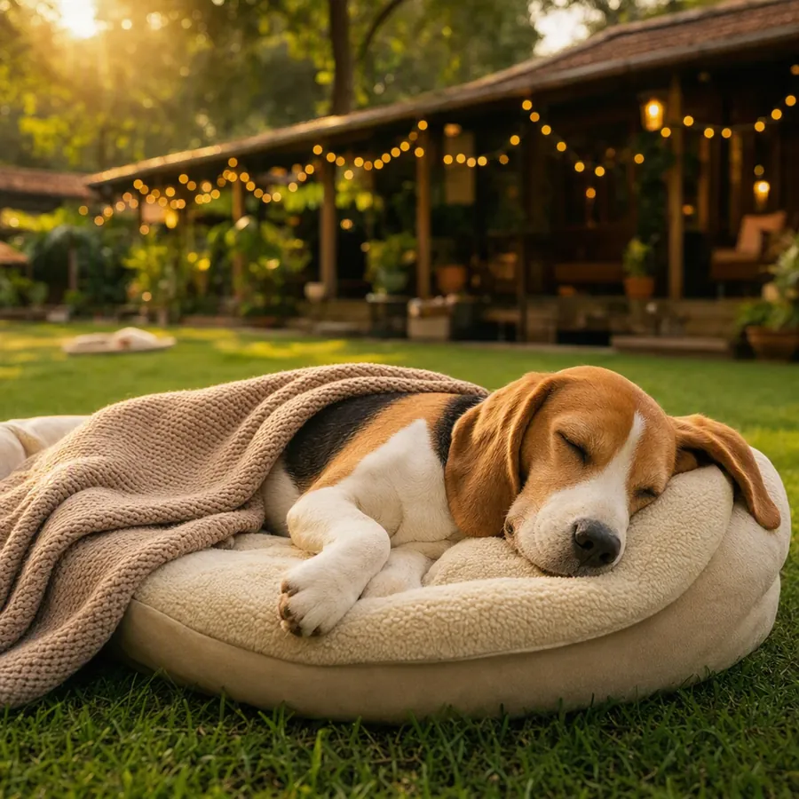 A beagle fast asleep under a knitted blanket on a plush bed