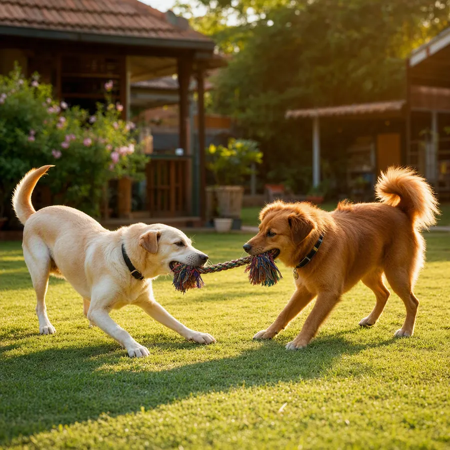 Two indie dogs playing tug-of-war with a rope toy on the lawn