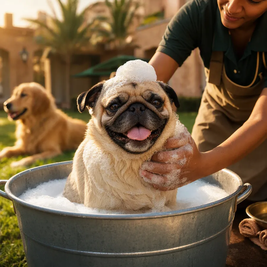 A pug enjoying a bubble bath in a steel tub