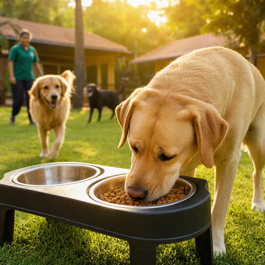 A labrador eating happily from a steel bowl at a raised feeding station