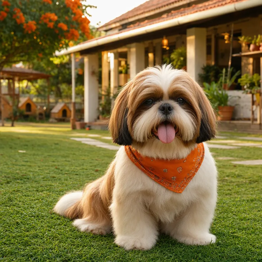 A shih tzu wearing an orange bandana sitting on the lawn with its tongue out