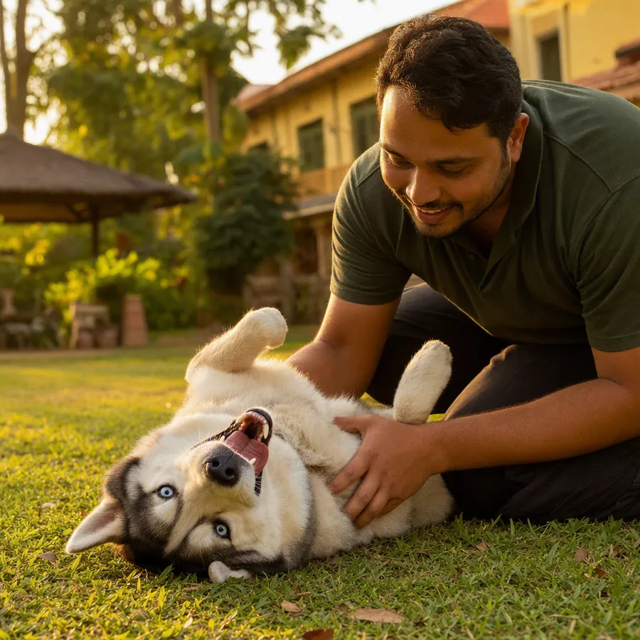 A husky enjoying belly rubs from a caretaker on the grass