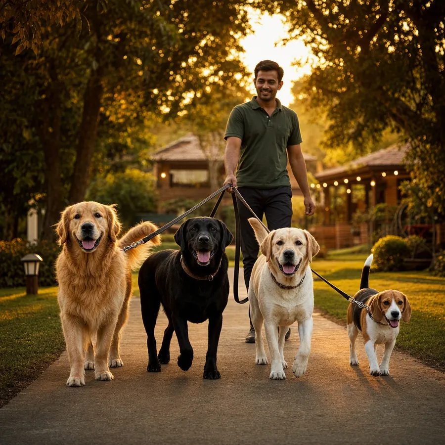 Four dogs on an evening walk with a caretaker along a tree-lined path