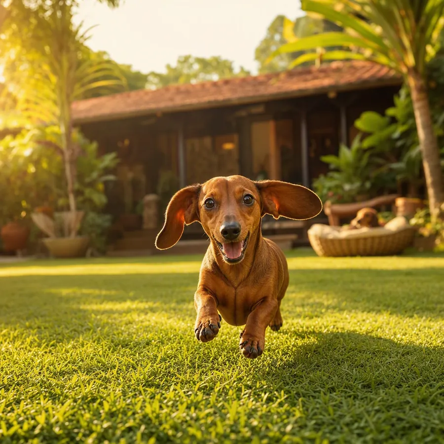 A dachshund sprinting across the lawn with its ears flying