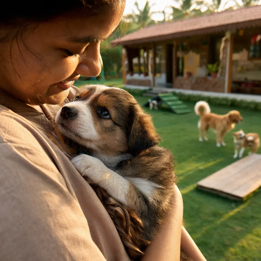 A tiny puppy cuddled against a caretaker's chest, looking up