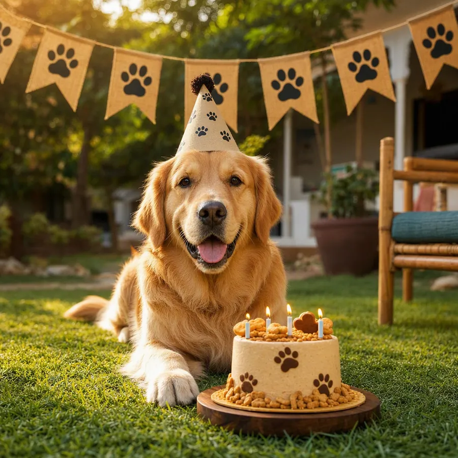 A golden retriever in a party hat in front of a dog-safe birthday cake