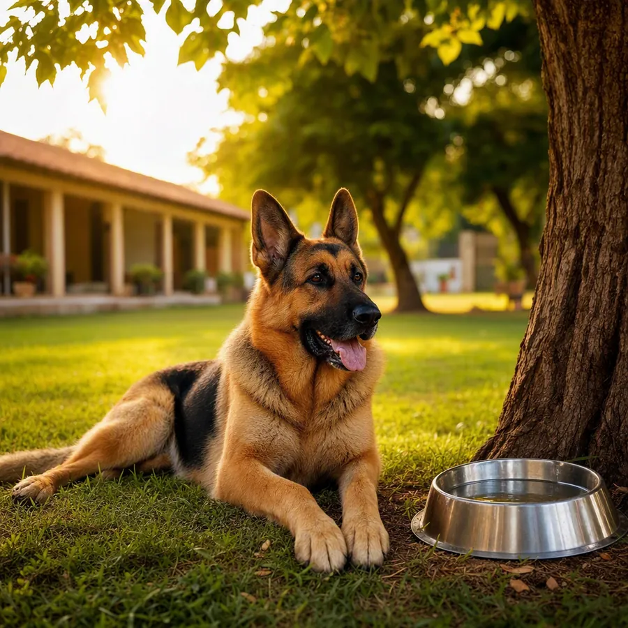 A german shepherd relaxing in the shade of a tree beside a water bowl